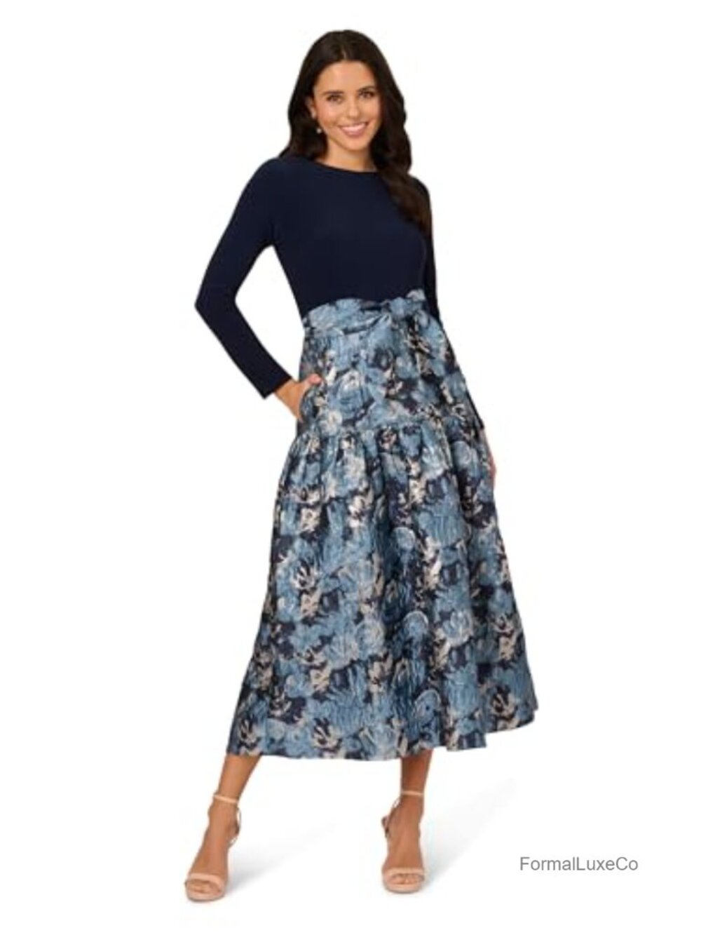 Jersey Jacquard Ankle Dress Boat Neck Long Sleeve Formal Gown